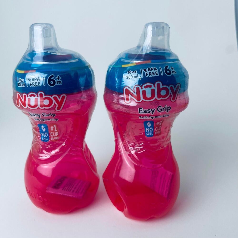 2x Nuby Trainer Sippy Cup Easy Grip No Spill Soft Flex Spout, 10oz 300ml - Red